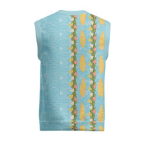 Hawaii Shell Tiare Anthurium Heliconia Lei Christmas Knitted V-Neck Vest With Tapa Pattern Baby Blue LT05 - Polynesian Pride