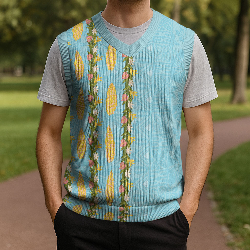 Hawaii Shell Tiare Anthurium Heliconia Lei Christmas Knitted V-Neck Vest With Tapa Pattern Baby Blue LT05 - Polynesian Pride