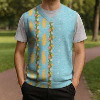 Hawaii Shell Tiare Anthurium Heliconia Lei Christmas Knitted V-Neck Vest With Tapa Pattern Baby Blue LT05 - Polynesian Pride
