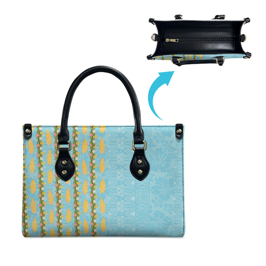 Hawaii Shell Tiare Anthurium Heliconia Lei Leather Bag With Tapa Pattern Baby Blue