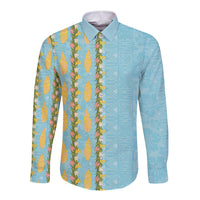 Hawaii Shell Tiare Anthurium Heliconia Lei Long Sleeve Button Shirt With Tapa Pattern Baby Blue