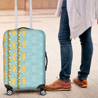 Hawaii Shell Tiare Anthurium Heliconia Lei Luggage Cover With Tapa Pattern Baby Blue
