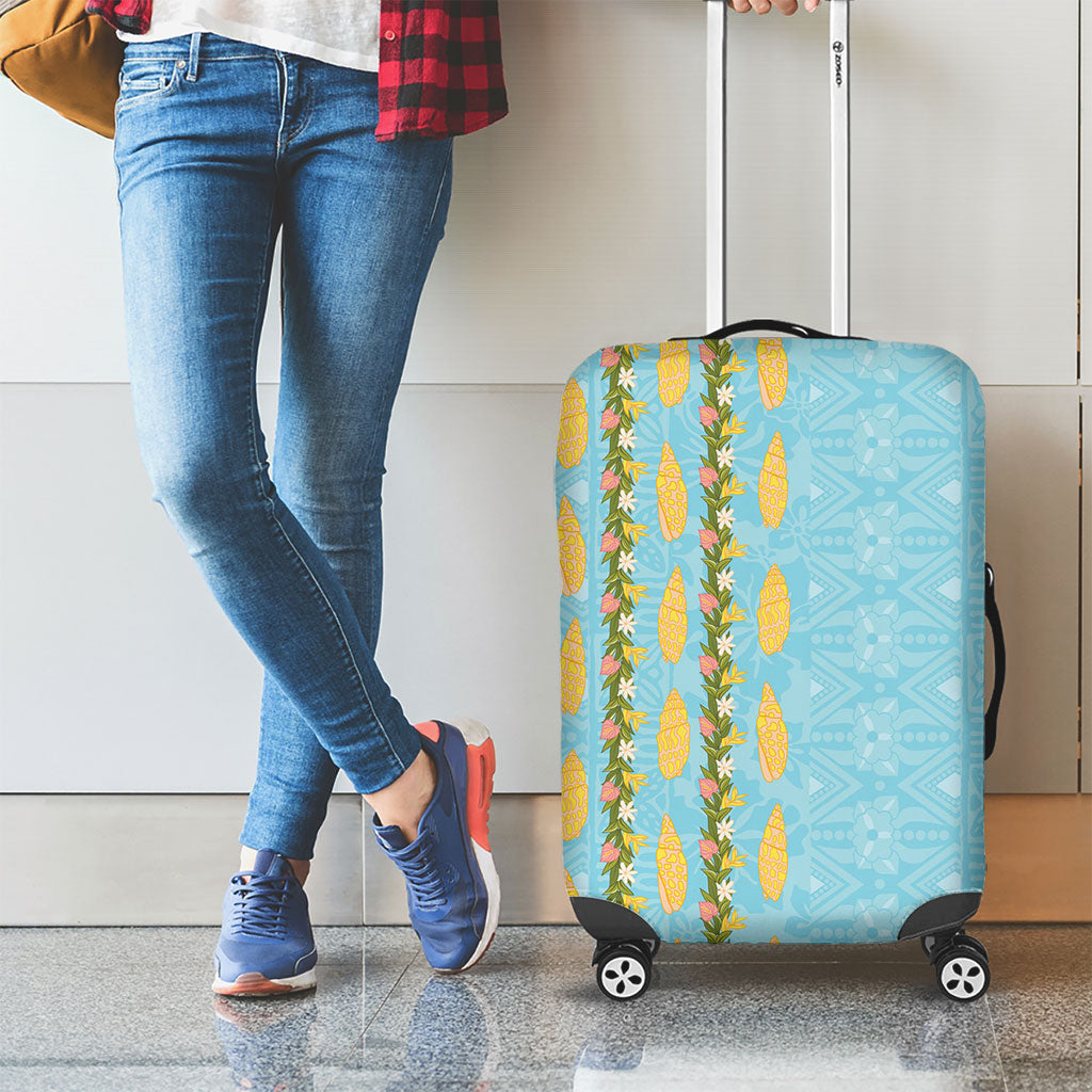 Hawaii Shell Tiare Anthurium Heliconia Lei Luggage Cover With Tapa Pattern Baby Blue