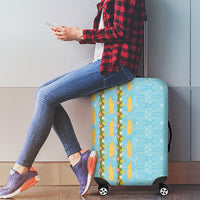 Hawaii Shell Tiare Anthurium Heliconia Lei Luggage Cover With Tapa Pattern Baby Blue