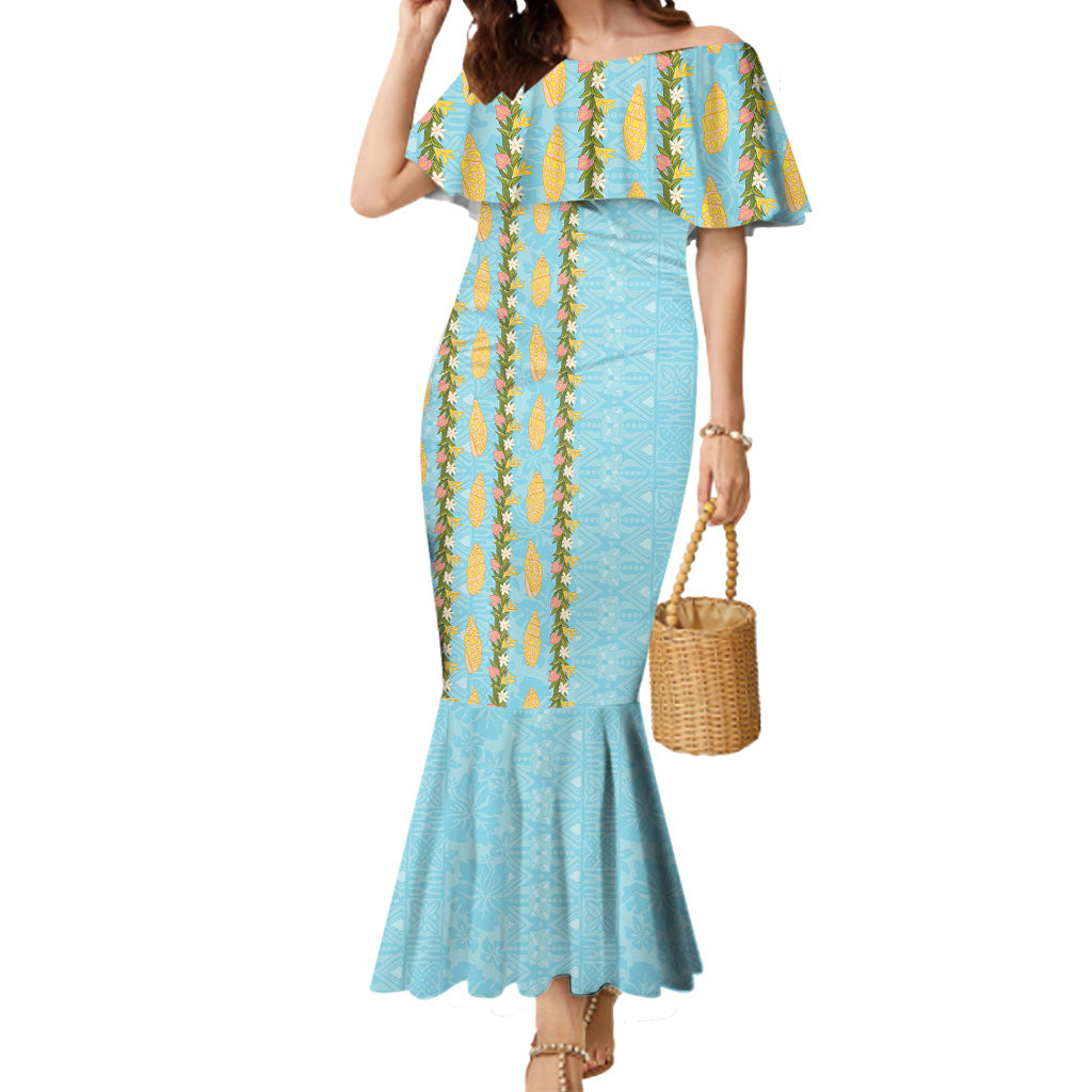 Hawaii Shell Tiare Anthurium Heliconia Lei Mermaid Dress With Tapa Pattern Baby Blue LT05 Women Blue - Polynesian Pride