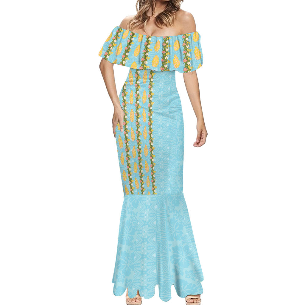 Hawaii Shell Tiare Anthurium Heliconia Lei Mermaid Dress With Tapa Pattern Baby Blue