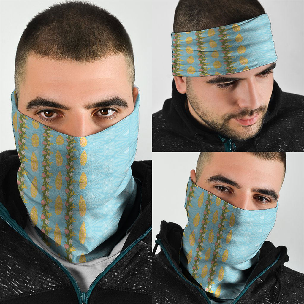 Hawaii Shell Tiare Anthurium Heliconia Lei Neck Gaiter With Tapa Pattern Baby Blue