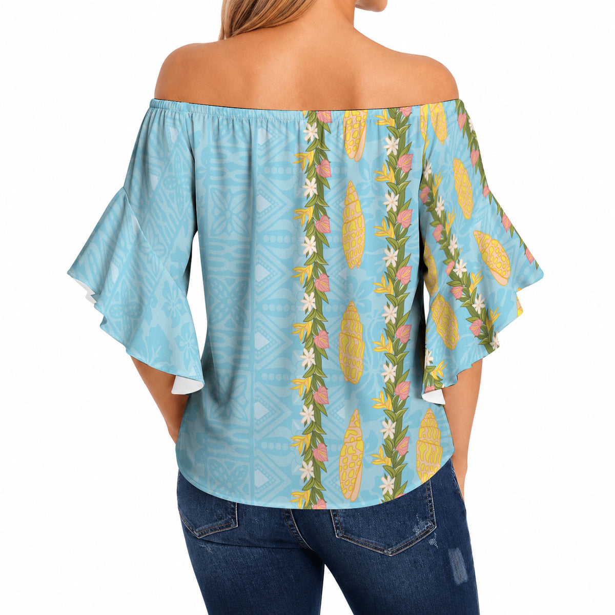 Hawaii Shell Tiare Anthurium Heliconia Lei Off Shoulder Wrap Waist Top With Tapa Pattern Baby Blue LT05 - Polynesian Pride