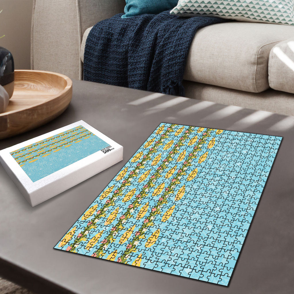 Hawaii Shell Tiare Anthurium Heliconia Lei Puzzle With Tapa Pattern Baby Blue