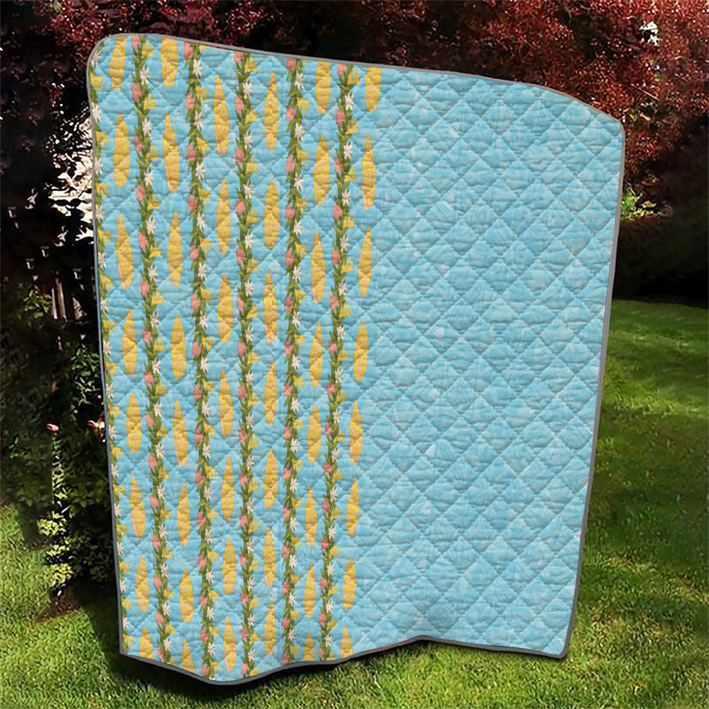 Hawaii Shell Tiare Anthurium Heliconia Lei Quilt With Tapa Pattern Baby Blue