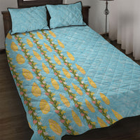 Hawaii Shell Tiare Anthurium Heliconia Lei Quilt Bed Set With Tapa Pattern Baby Blue