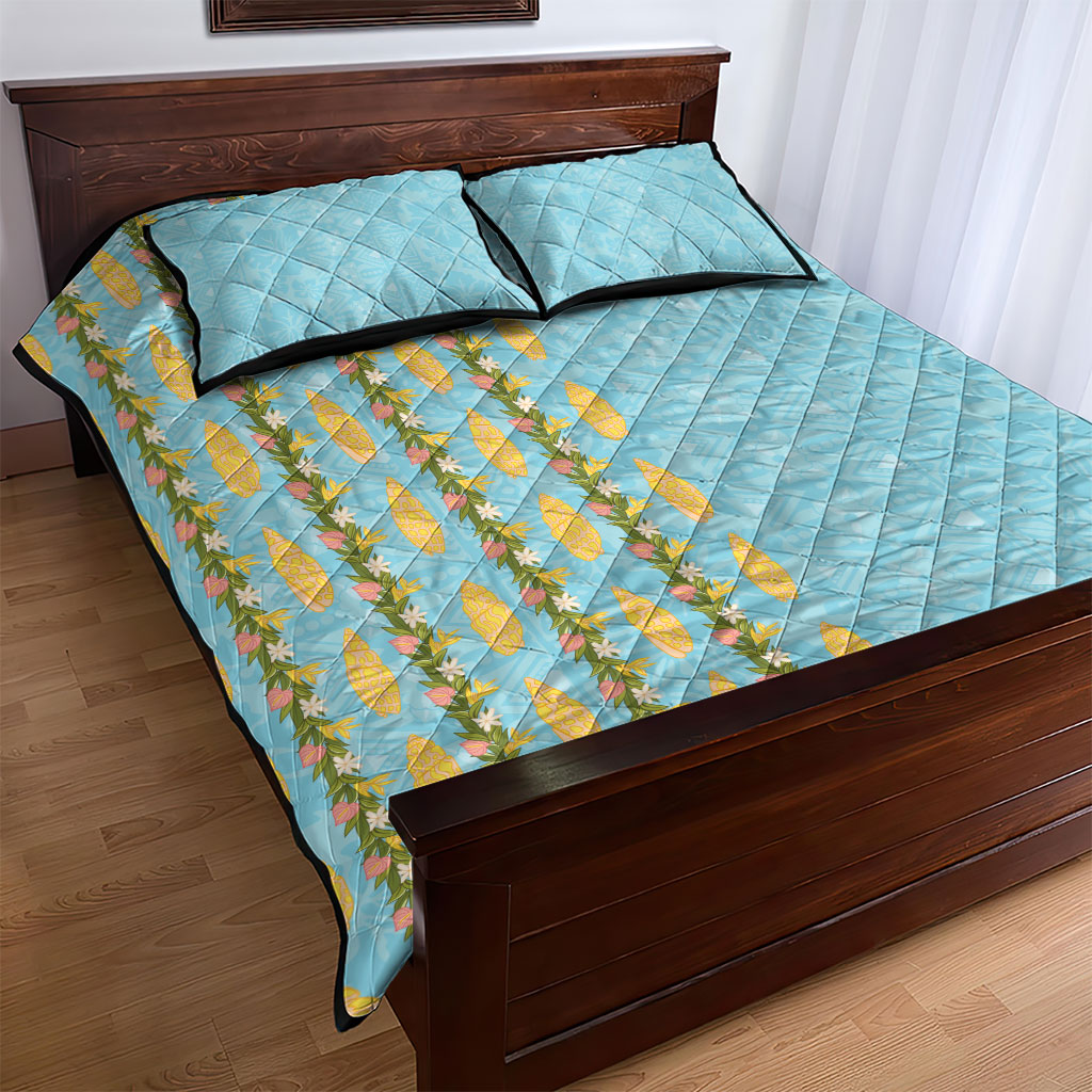 Hawaii Shell Tiare Anthurium Heliconia Lei Quilt Bed Set With Tapa Pattern Baby Blue