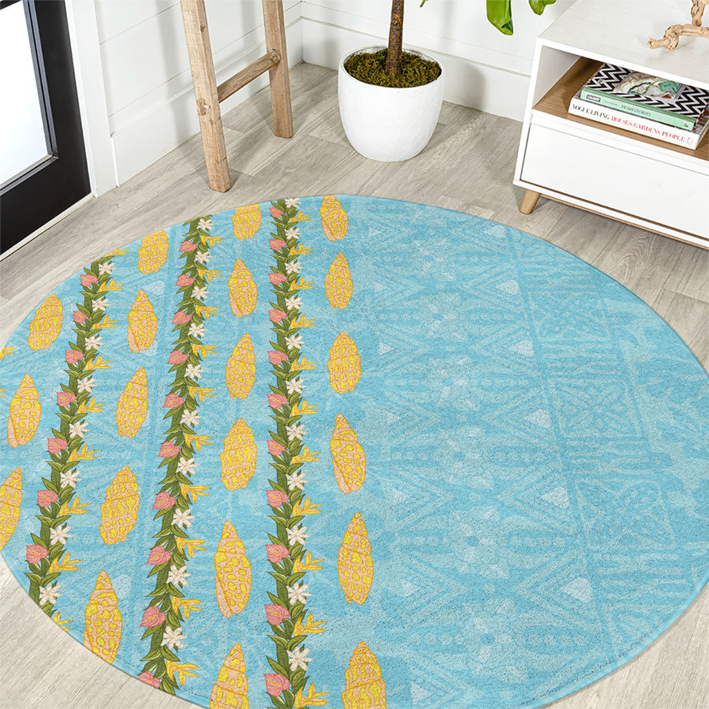 Hawaii Shell Tiare Anthurium Heliconia Lei Round Carpet With Tapa Pattern Baby Blue