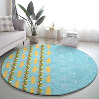 Hawaii Shell Tiare Anthurium Heliconia Lei Round Carpet With Tapa Pattern Baby Blue
