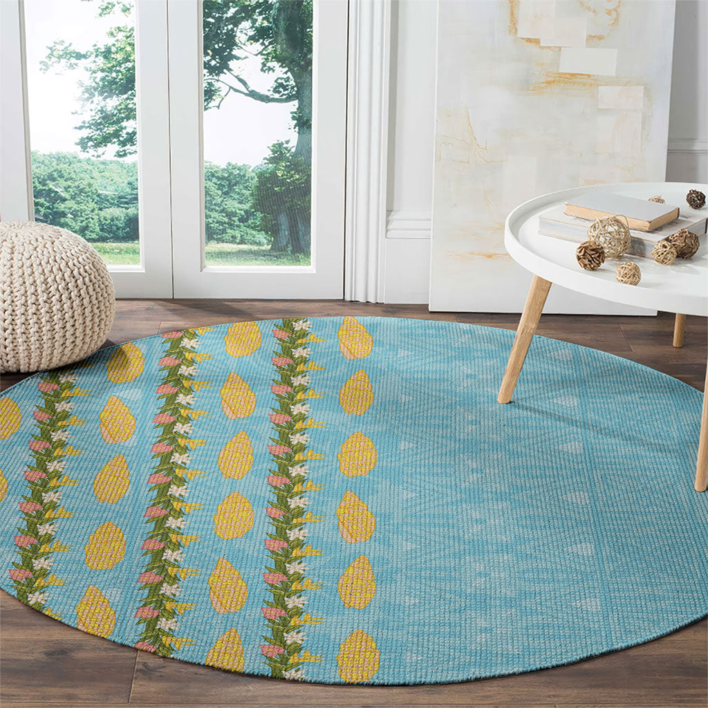 Hawaii Shell Tiare Anthurium Heliconia Lei Round Carpet With Tapa Pattern Baby Blue