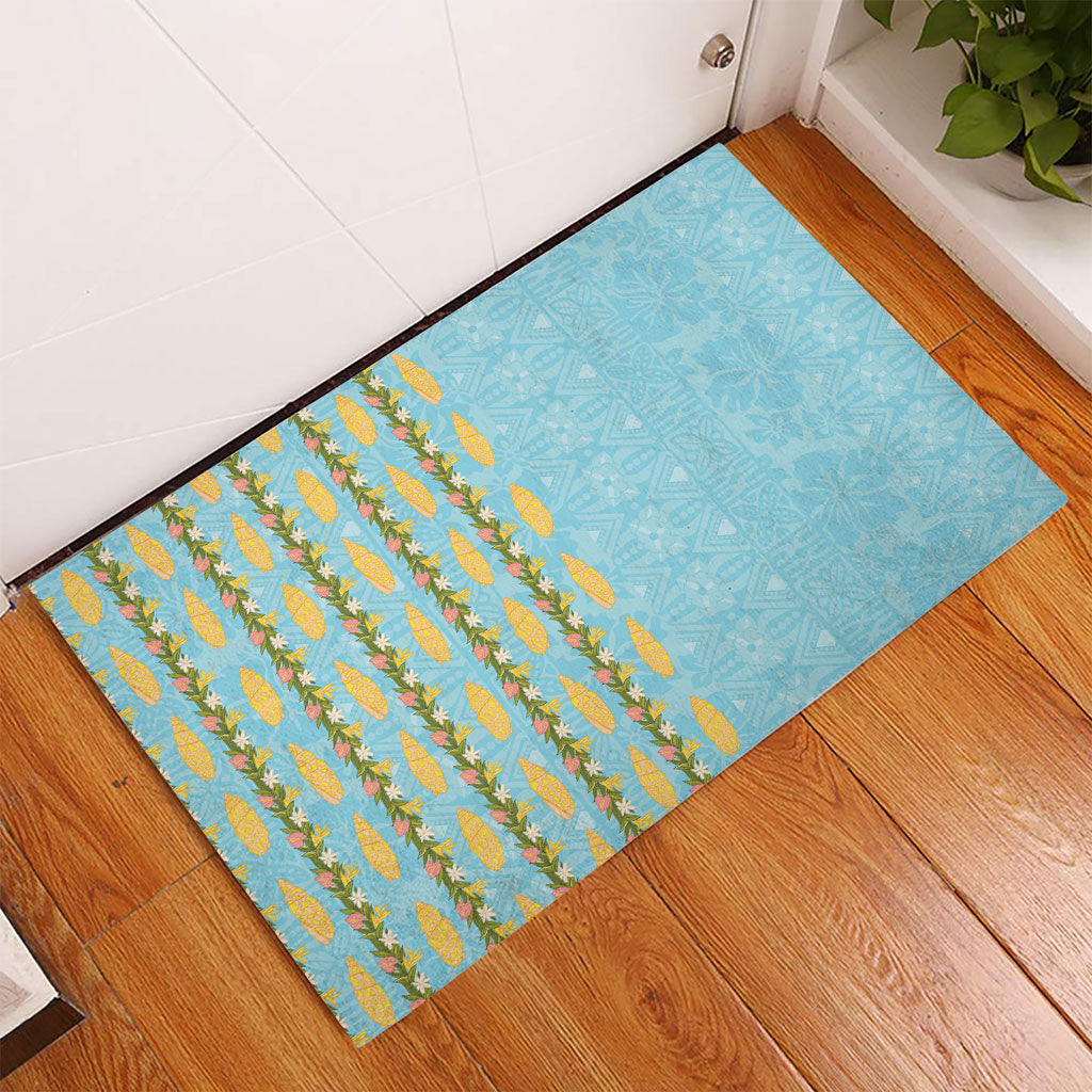 Hawaii Shell Tiare Anthurium Heliconia Lei Rubber Doormat With Tapa Pattern Baby Blue