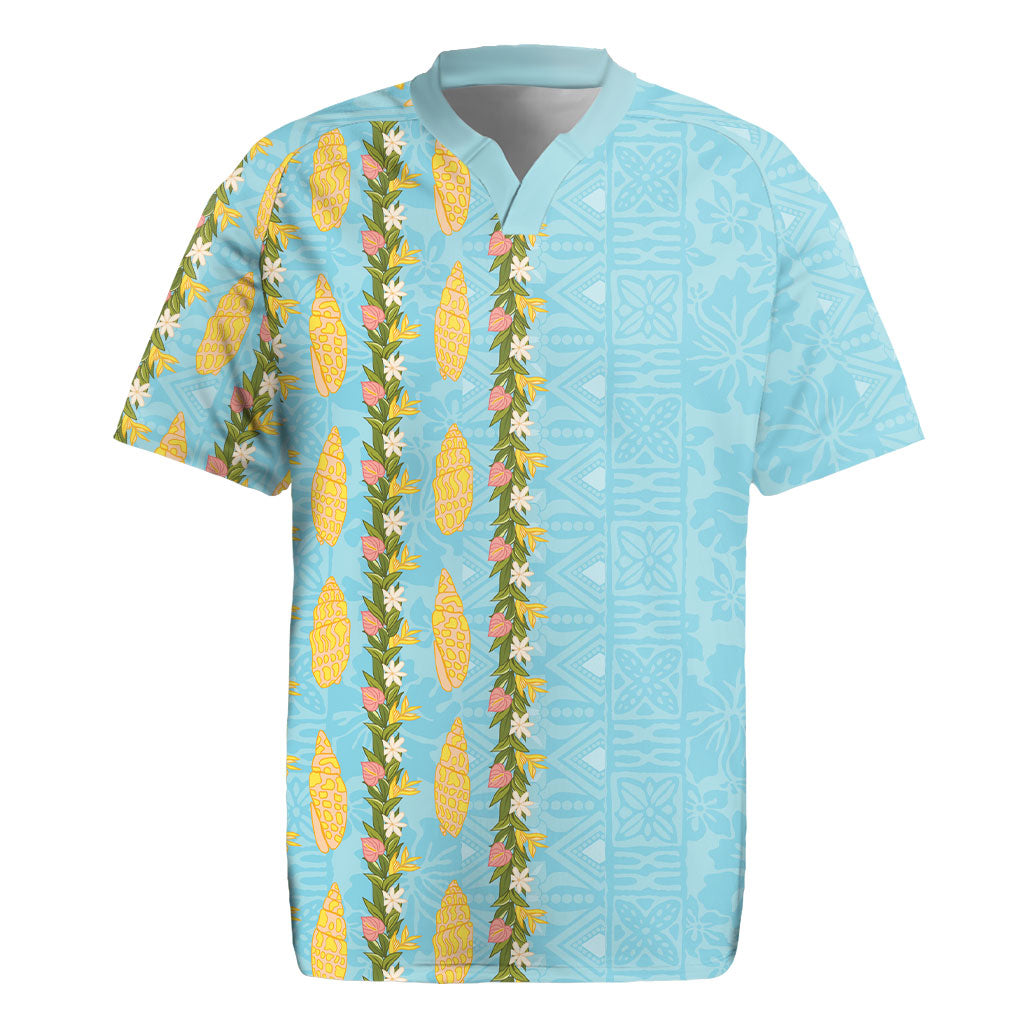 Hawaii Shell Tiare Anthurium Heliconia Lei Rugby Jersey With Tapa Pattern Baby Blue LT05 Blue - Polynesian Pride