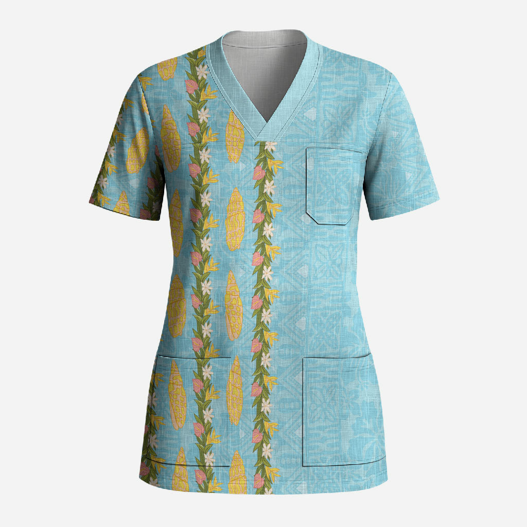 Hawaii Shell Tiare Anthurium Heliconia Lei Scrub Top With Tapa Pattern Baby Blue