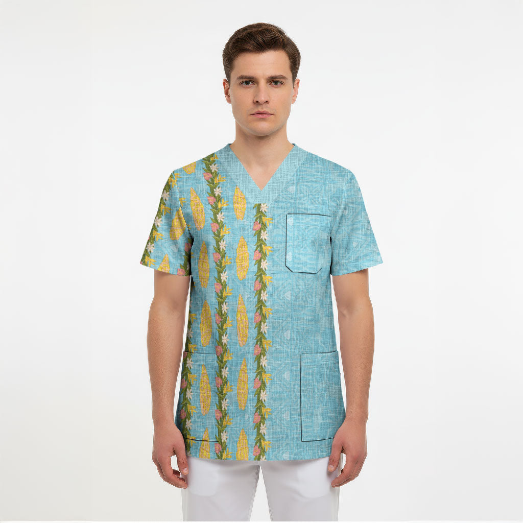 Hawaii Shell Tiare Anthurium Heliconia Lei Scrub Top With Tapa Pattern Baby Blue