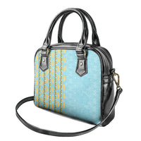 Hawaii Shell Tiare Anthurium Heliconia Lei Shoulder Handbag With Tapa Pattern Baby Blue
