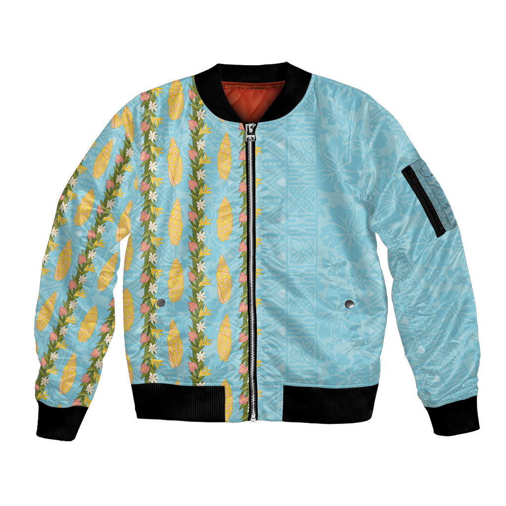 Hawaii Shell Tiare Anthurium Heliconia Lei Sleeve Zip Bomber Jacket With Tapa Pattern Baby Blue LT05 Unisex Blue - Polynesian Pride