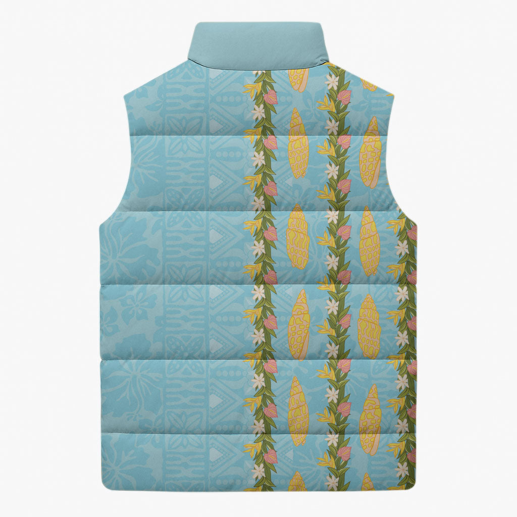 Hawaii Shell Tiare Anthurium Heliconia Lei Sleeveless Puffer Jacket With Tapa Pattern Baby Blue