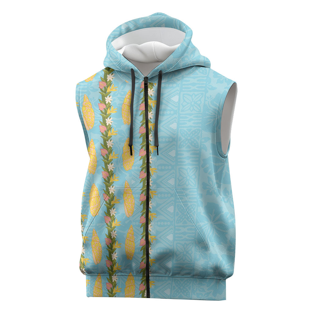 Hawaii Shell Tiare Anthurium Heliconia Lei Sleeveless Zip Hoodie With Tapa Pattern Baby Blue