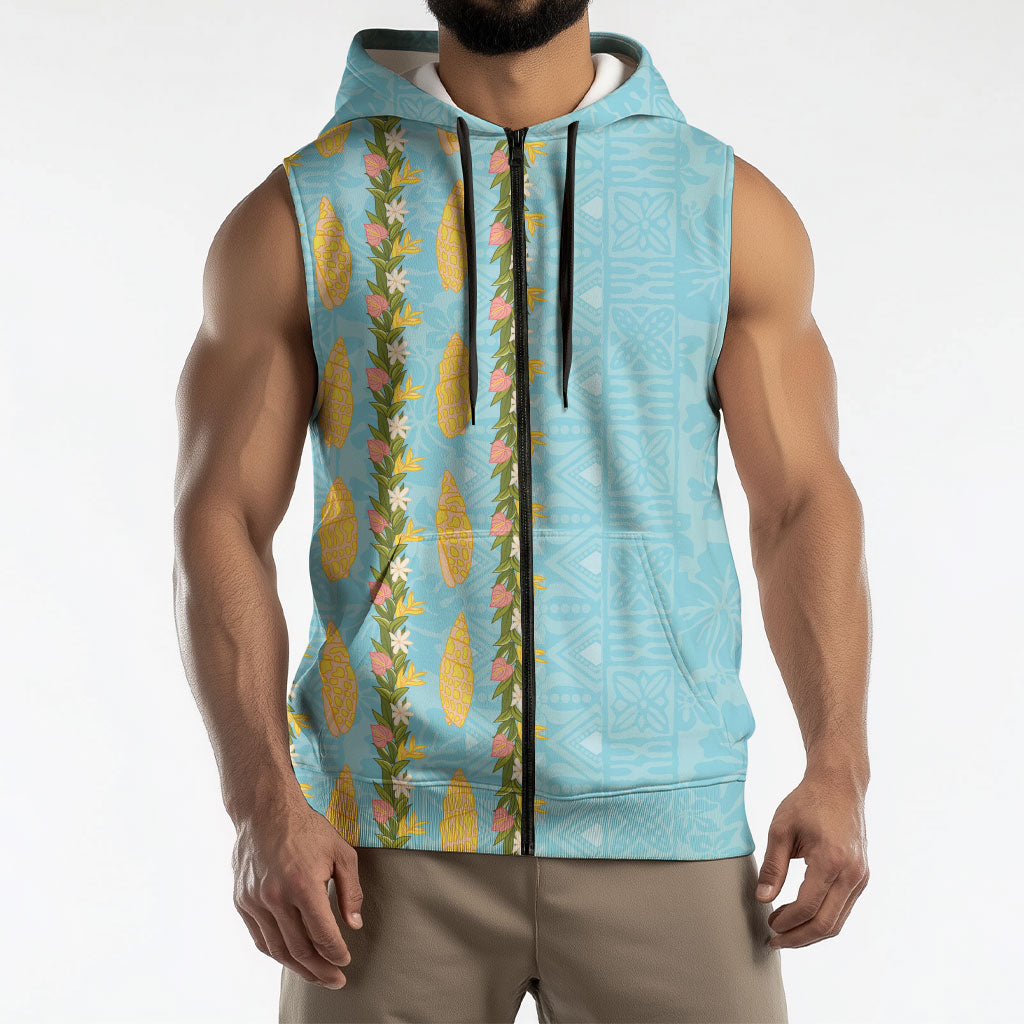 Hawaii Shell Tiare Anthurium Heliconia Lei Sleeveless Zip Hoodie With Tapa Pattern Baby Blue