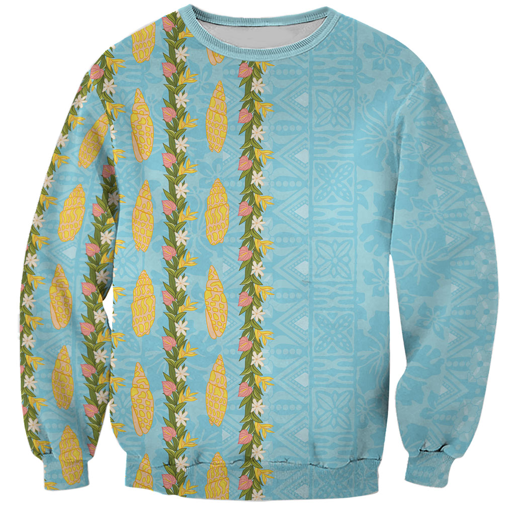 Hawaii Shell Tiare Anthurium Heliconia Lei Sweatshirt With Tapa Pattern Baby Blue LT05 Unisex Blue - Polynesian Pride
