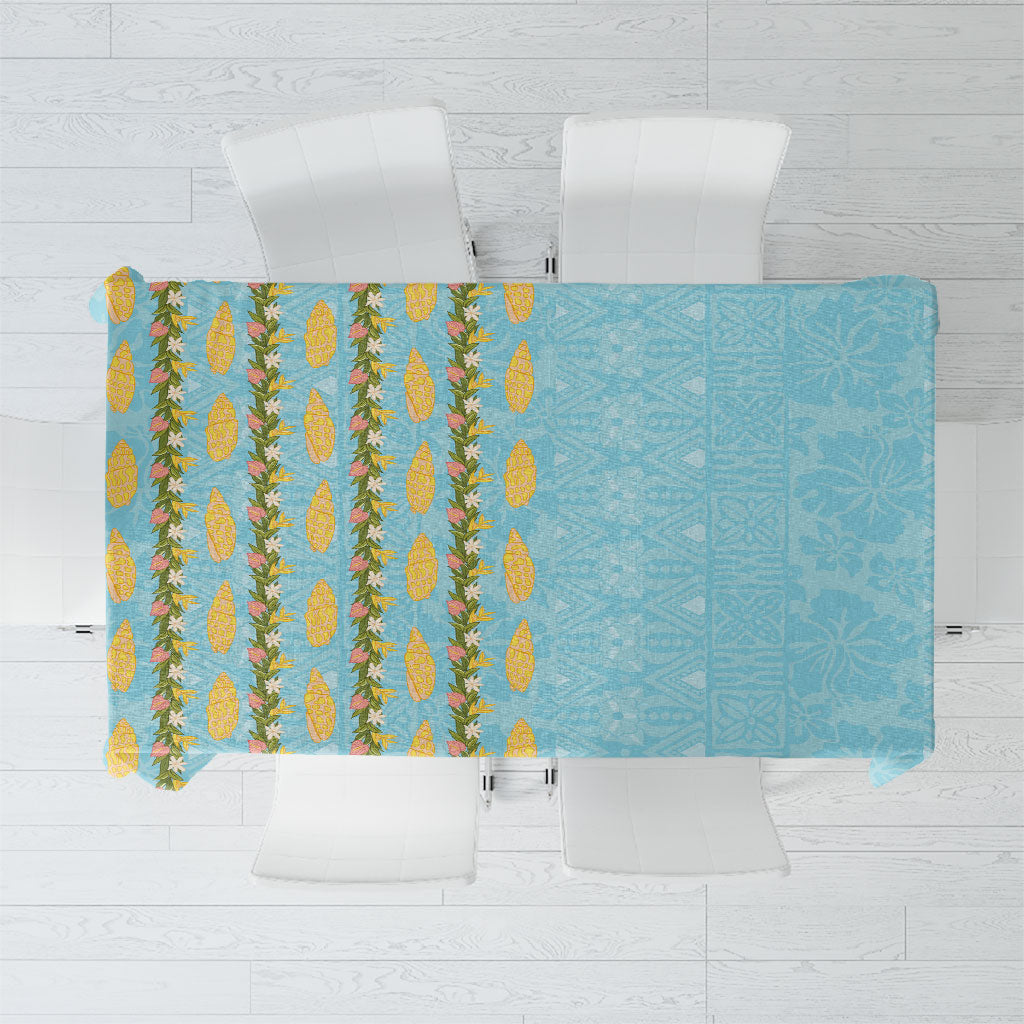 Hawaii Shell Tiare Anthurium Heliconia Lei Tablecloth With Tapa Pattern Baby Blue LT05 Blue - Polynesian Pride
