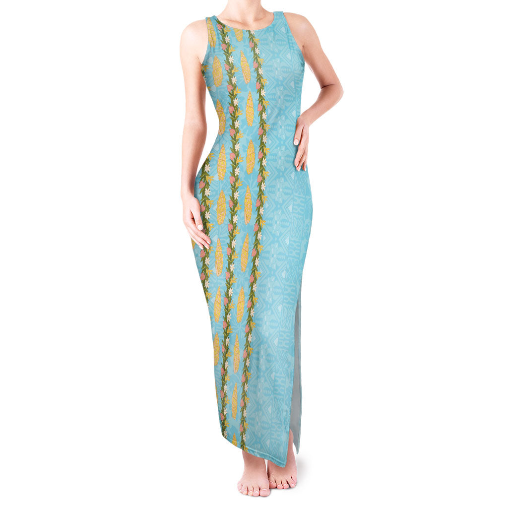Hawaii Shell Tiare Anthurium Heliconia Lei Tank Maxi Dress With Tapa Pattern Baby Blue LT05 Women Blue - Polynesian Pride
