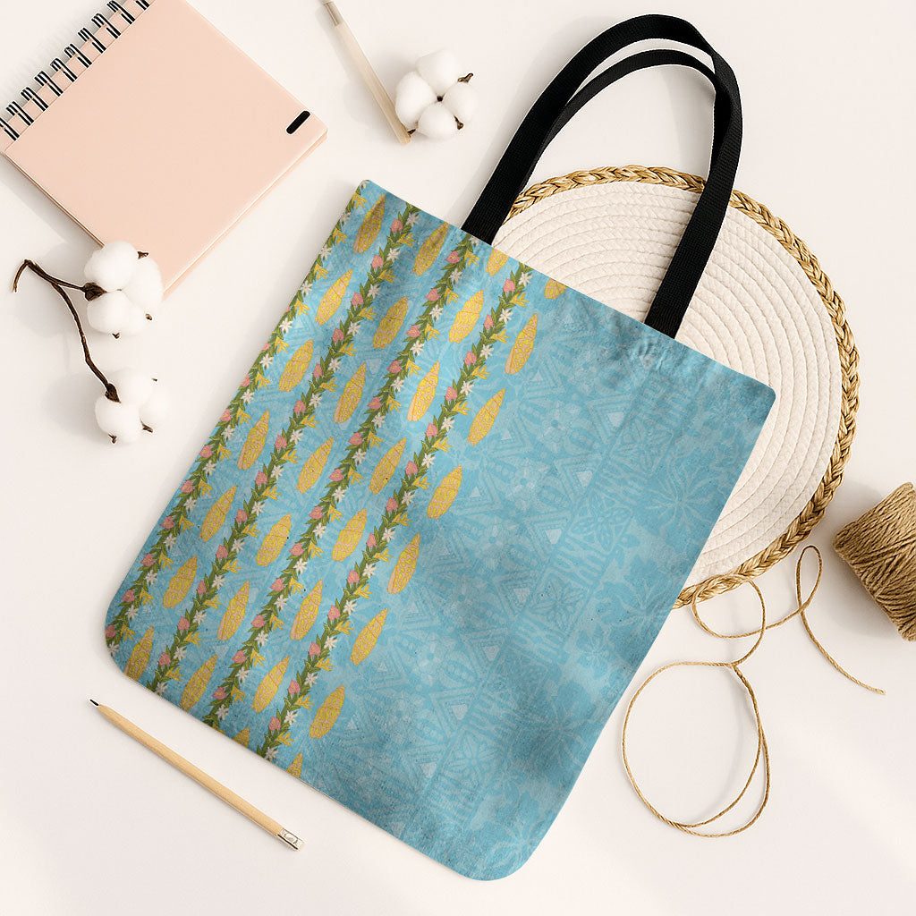 Hawaii Shell Tiare Anthurium Heliconia Lei Tote Bag With Tapa Pattern Baby Blue