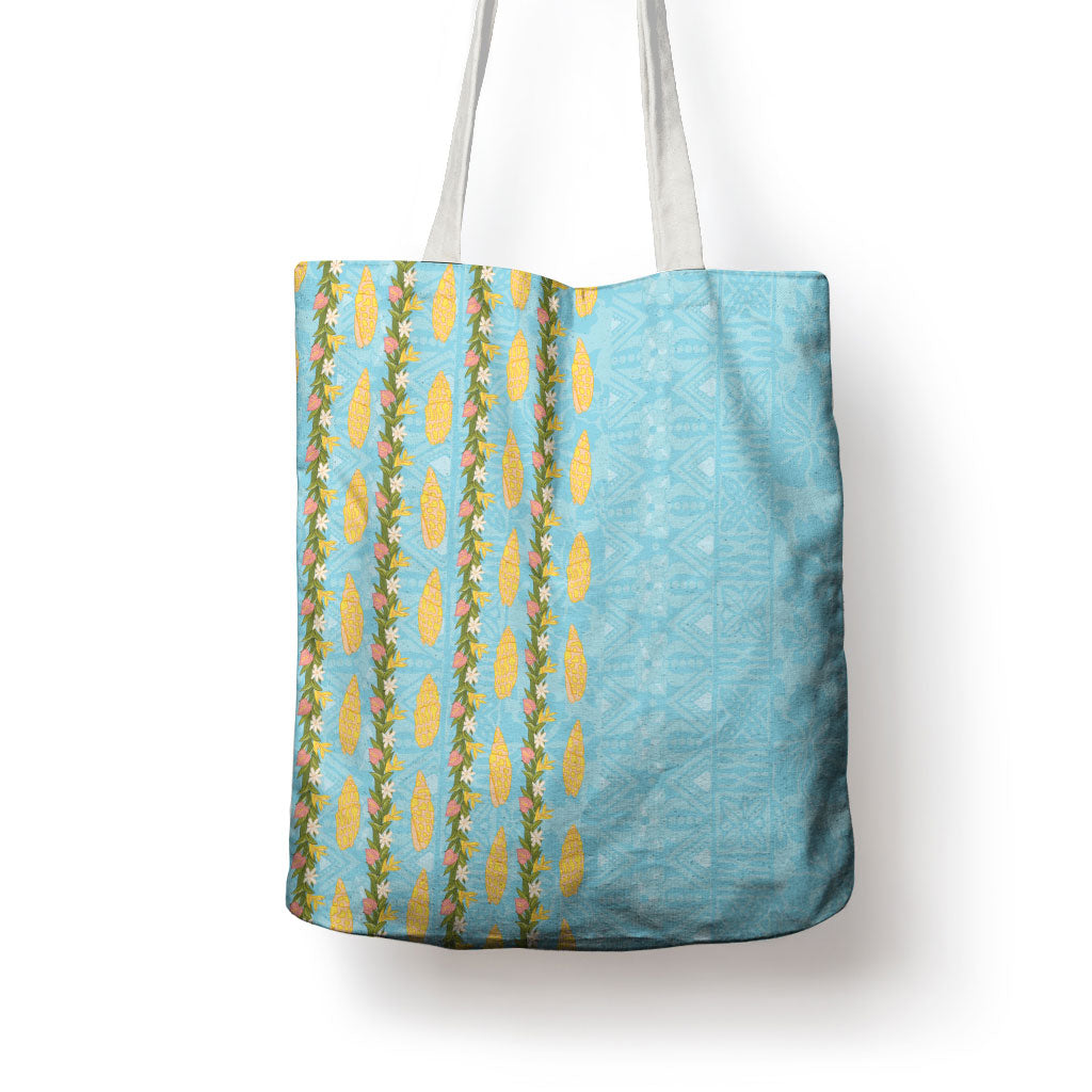 Hawaii Shell Tiare Anthurium Heliconia Lei Tote Bag With Tapa Pattern Baby Blue