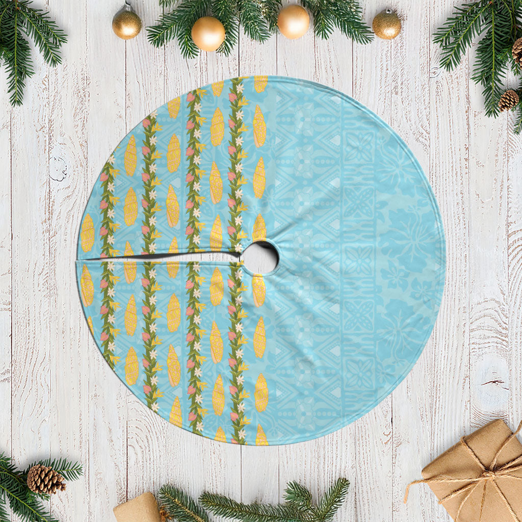 Hawaii Shell Tiare Anthurium Heliconia Lei Tree Skirt With Tapa Pattern Baby Blue