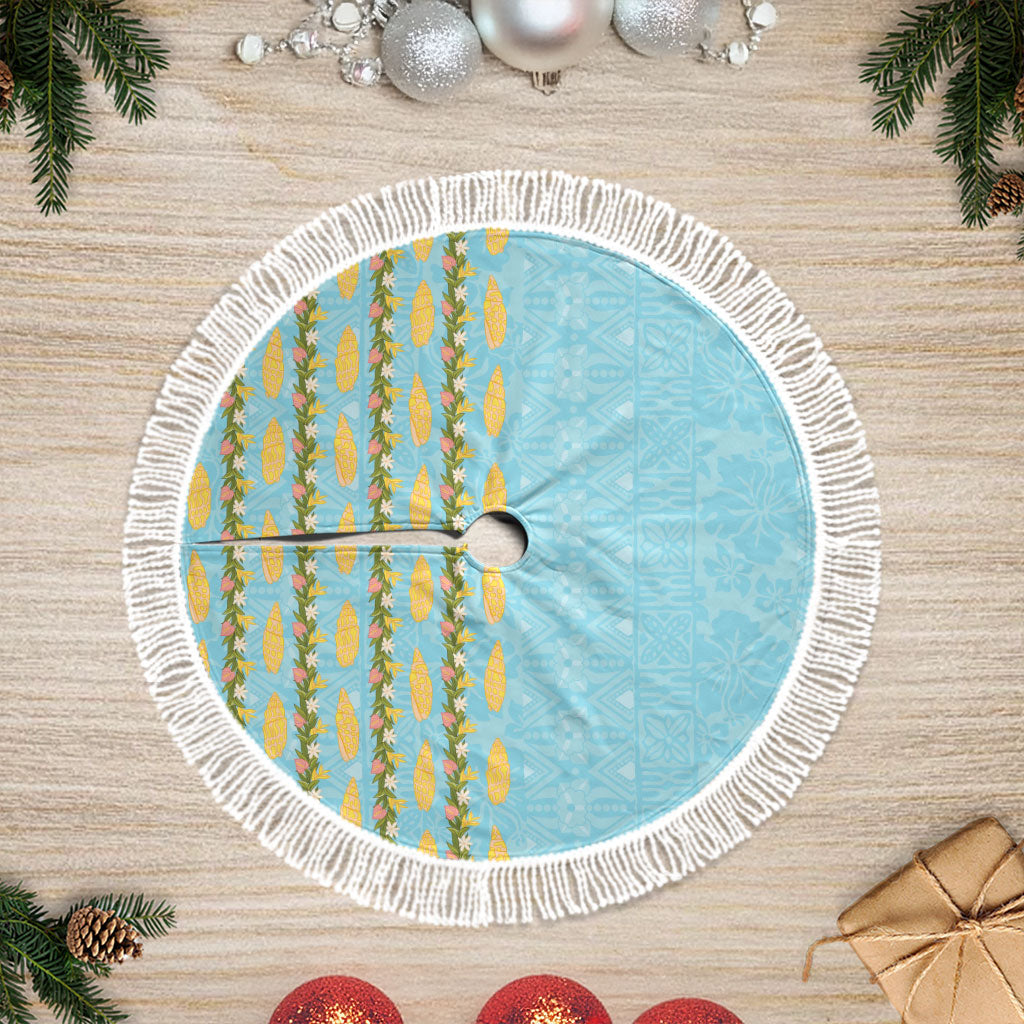 Hawaii Shell Tiare Anthurium Heliconia Lei Tree Skirt With Tapa Pattern Baby Blue