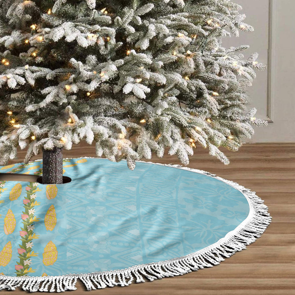 Hawaii Shell Tiare Anthurium Heliconia Lei Tree Skirt With Tapa Pattern Baby Blue