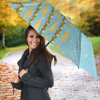 Hawaii Shell Tiare Anthurium Heliconia Lei Umbrella With Tapa Pattern Baby Blue