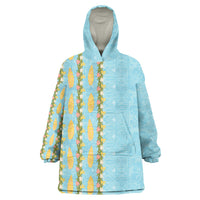 Hawaii Shell Tiare Anthurium Heliconia Lei Wearable Blanket Hoodie With Tapa Pattern Baby Blue
