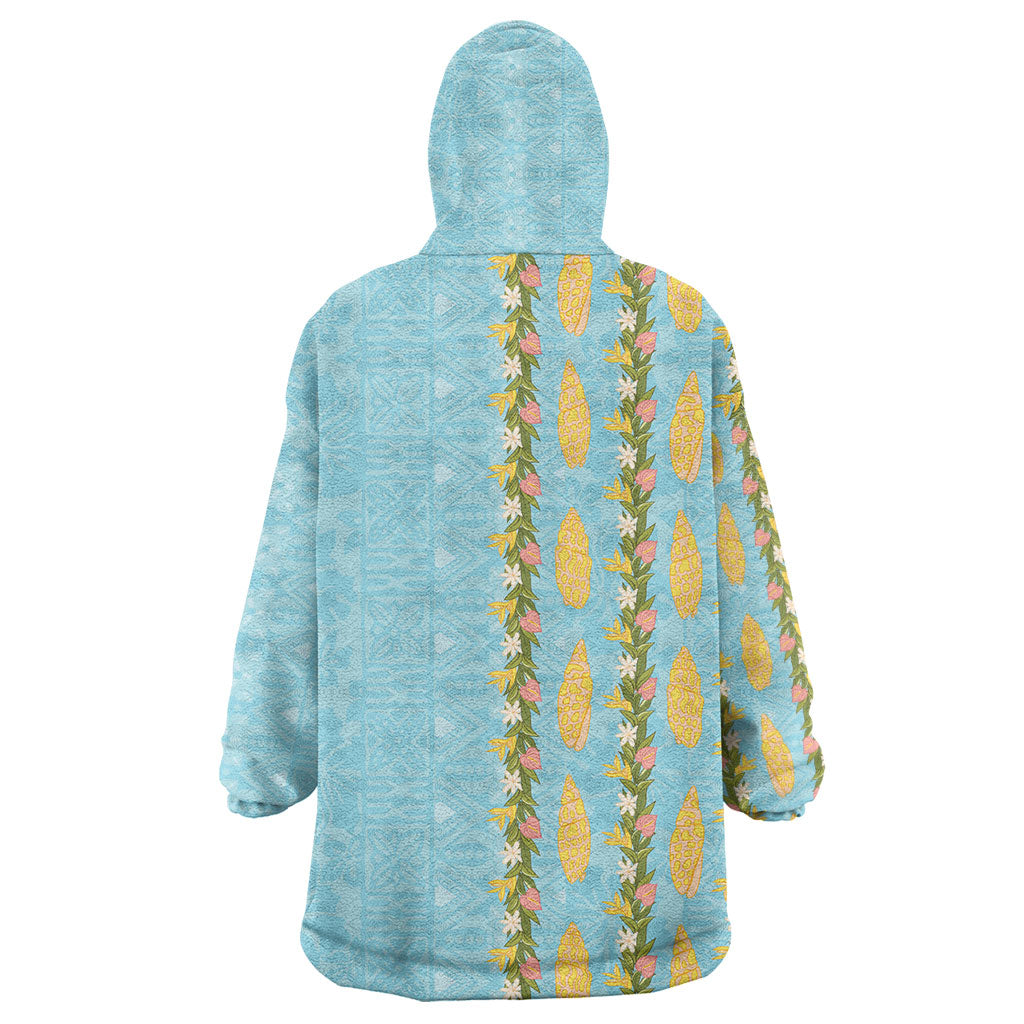 Hawaii Shell Tiare Anthurium Heliconia Lei Wearable Blanket Hoodie With Tapa Pattern Baby Blue