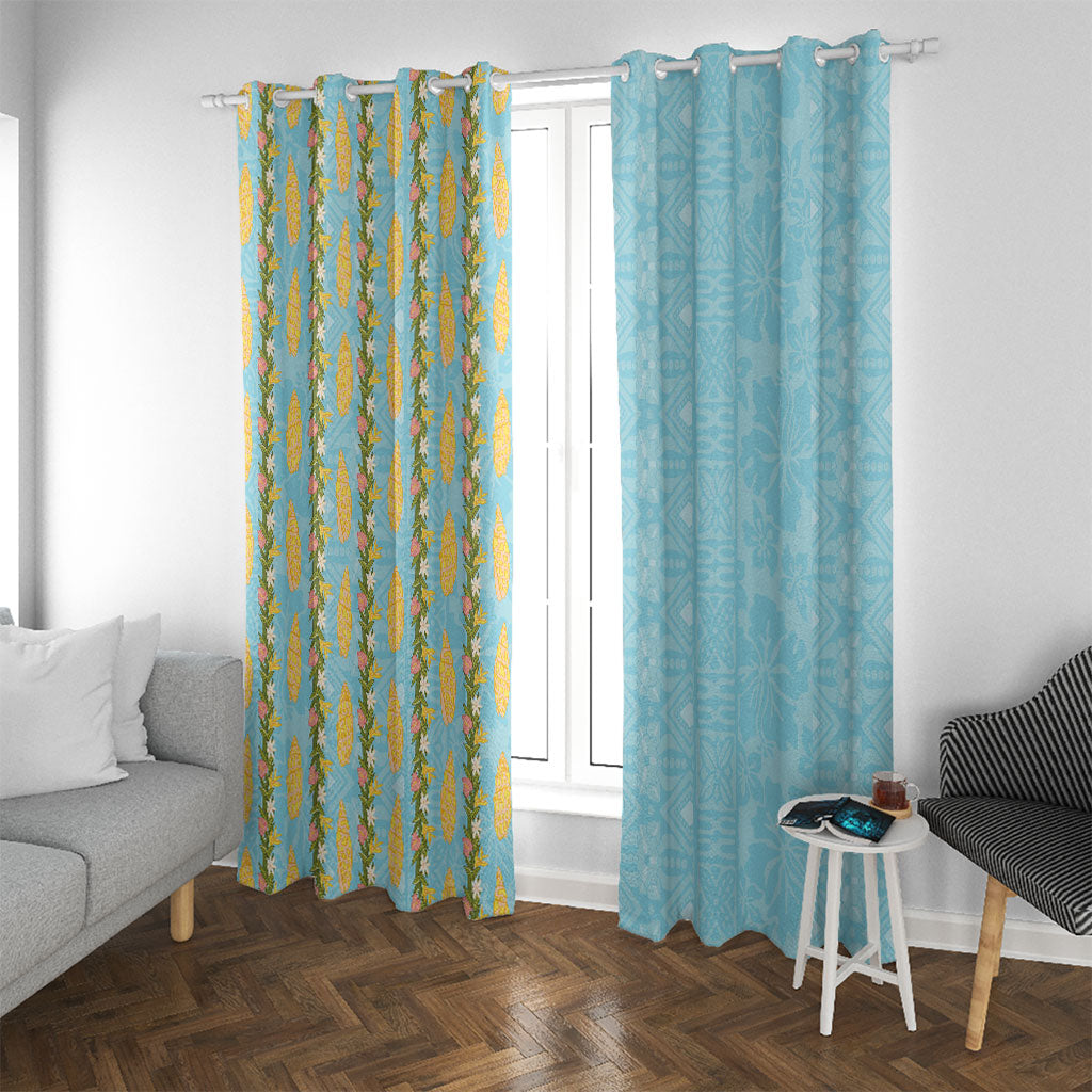 Hawaii Shell Tiare Anthurium Heliconia Lei Window Curtain With Tapa Pattern Baby Blue