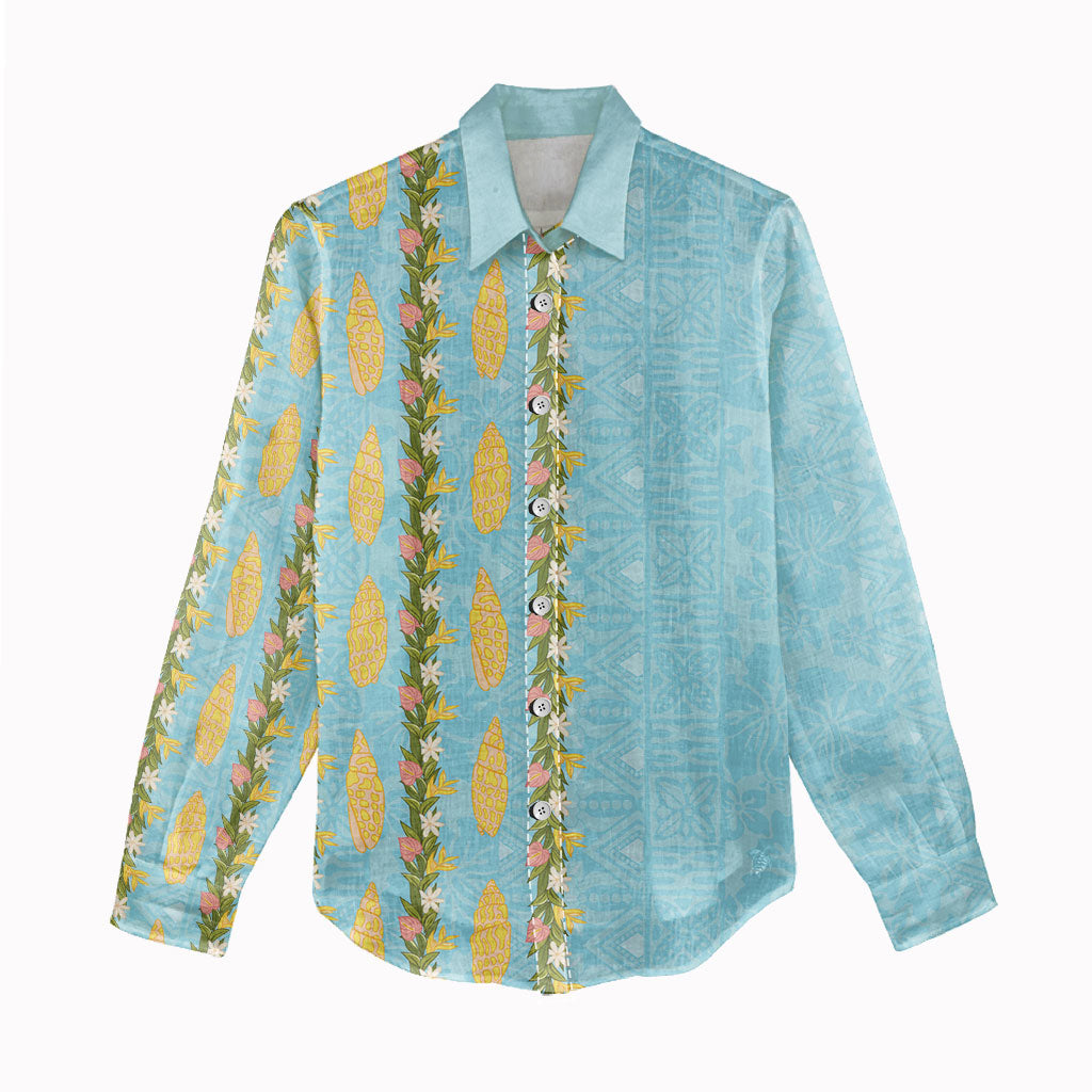 Hawaii Shell Tiare Anthurium Heliconia Lei Women Casual Shirt With Tapa Pattern Baby Blue