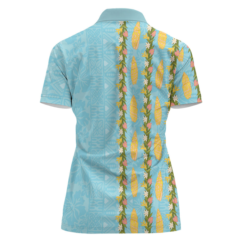 Hawaii Shell Tiare Anthurium Heliconia Lei Women Polo Shirt With Tapa Pattern Baby Blue