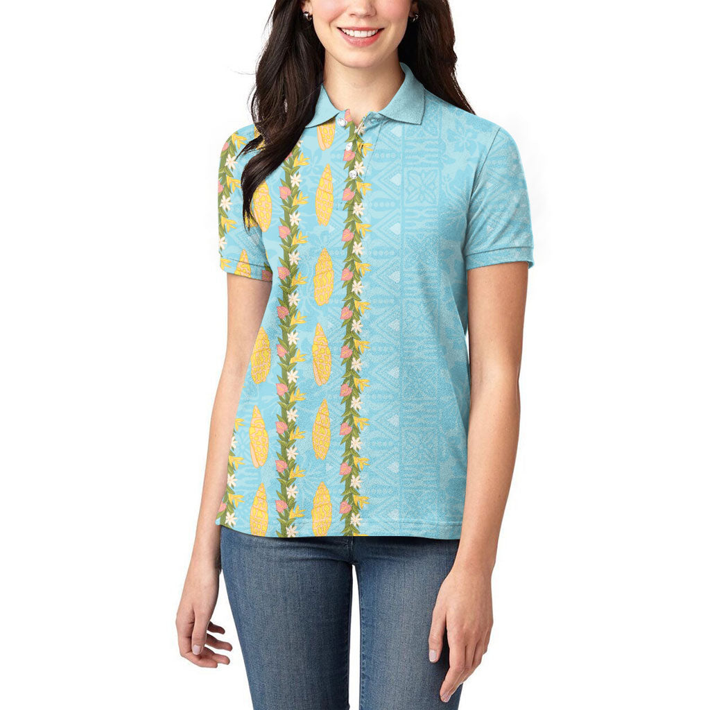 Hawaii Shell Tiare Anthurium Heliconia Lei Women Polo Shirt With Tapa Pattern Baby Blue