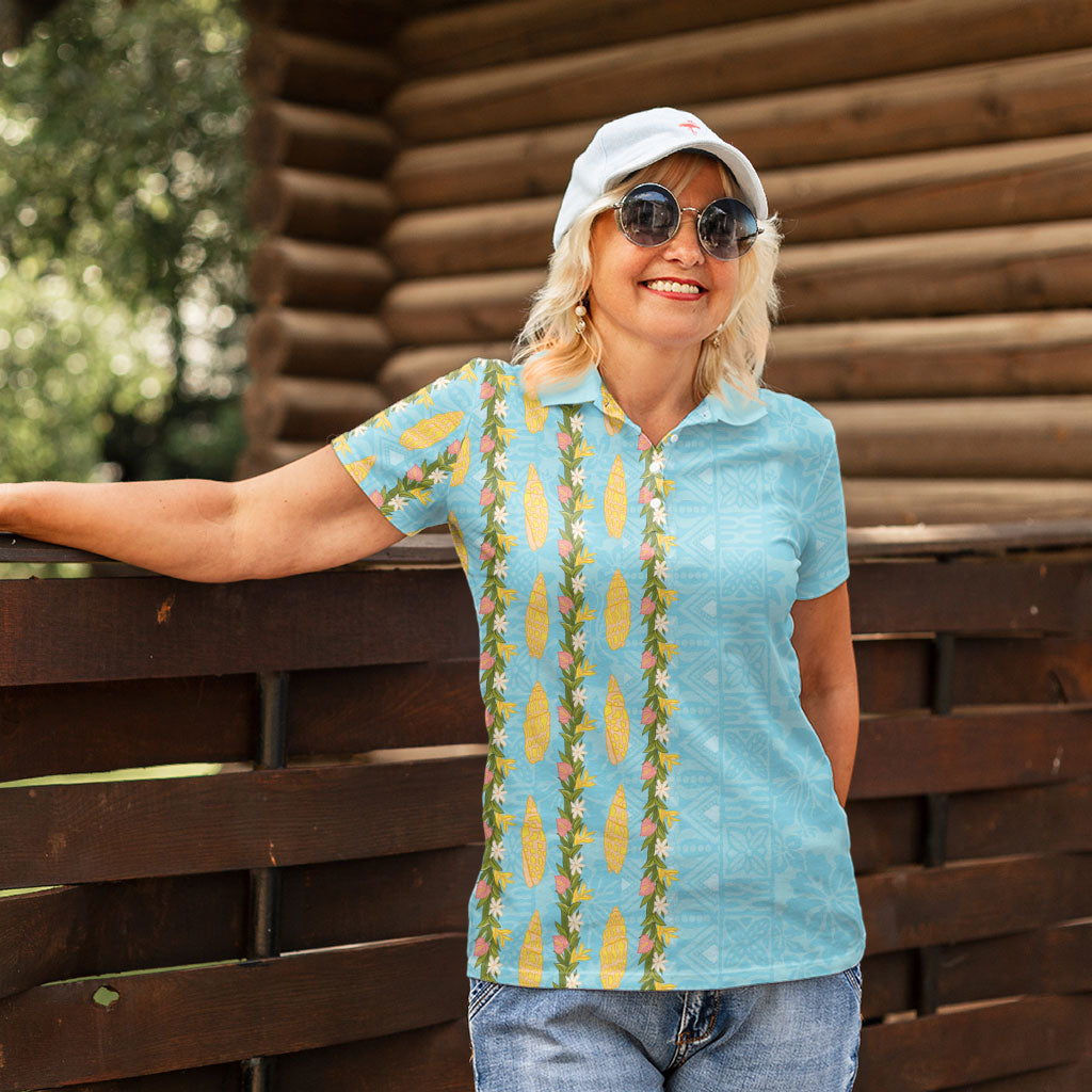 Hawaii Shell Tiare Anthurium Heliconia Lei Women Polo Shirt With Tapa Pattern Baby Blue