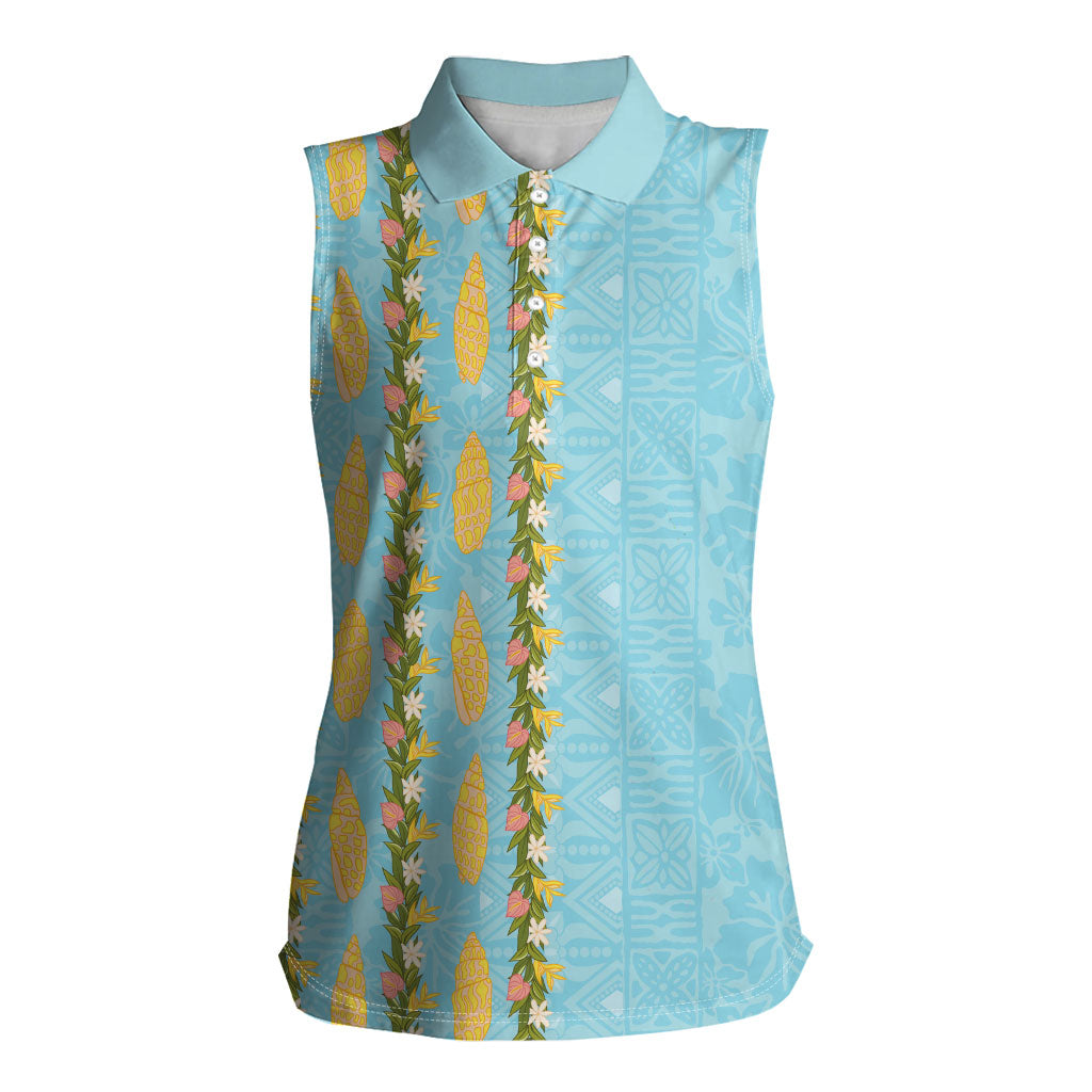 Hawaii Shell Tiare Anthurium Heliconia Lei Women Sleeveless Polo Shirt With Tapa Pattern Baby Blue