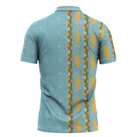 Hawaii Shell Tiare Anthurium Heliconia Lei Zipper Polo Shirt With Tapa Pattern Baby Blue