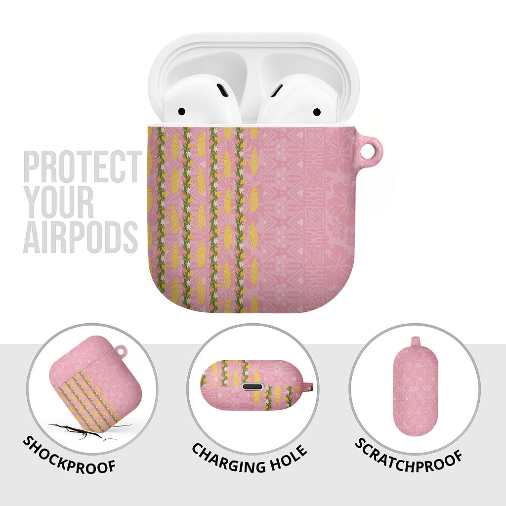 Hawaii Shell Tiare Anthurium Heliconia Lei AirPods Case With Tapa Pattern Baby Pink