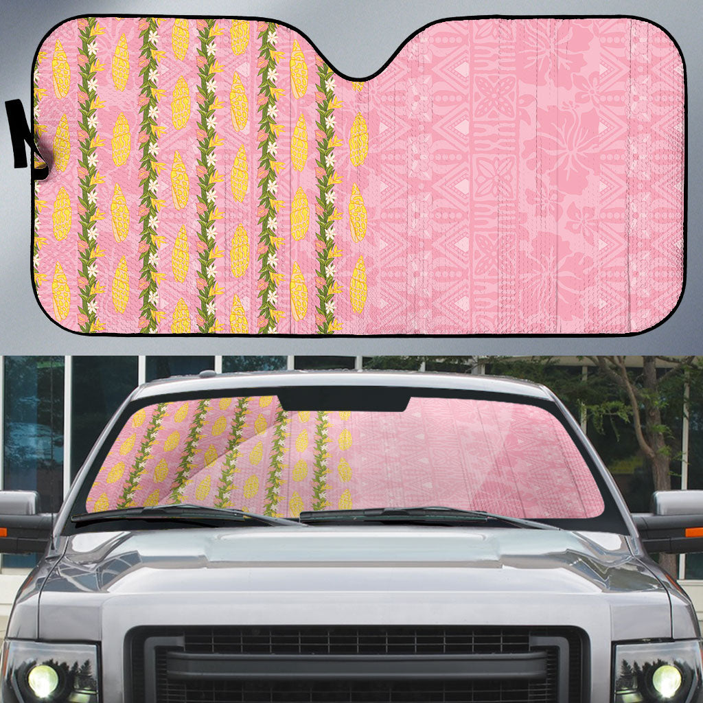 Hawaii Shell Tiare Anthurium Heliconia Lei Auto Sun Shade With Tapa Pattern Baby Pink LT05 Pink - Polynesian Pride