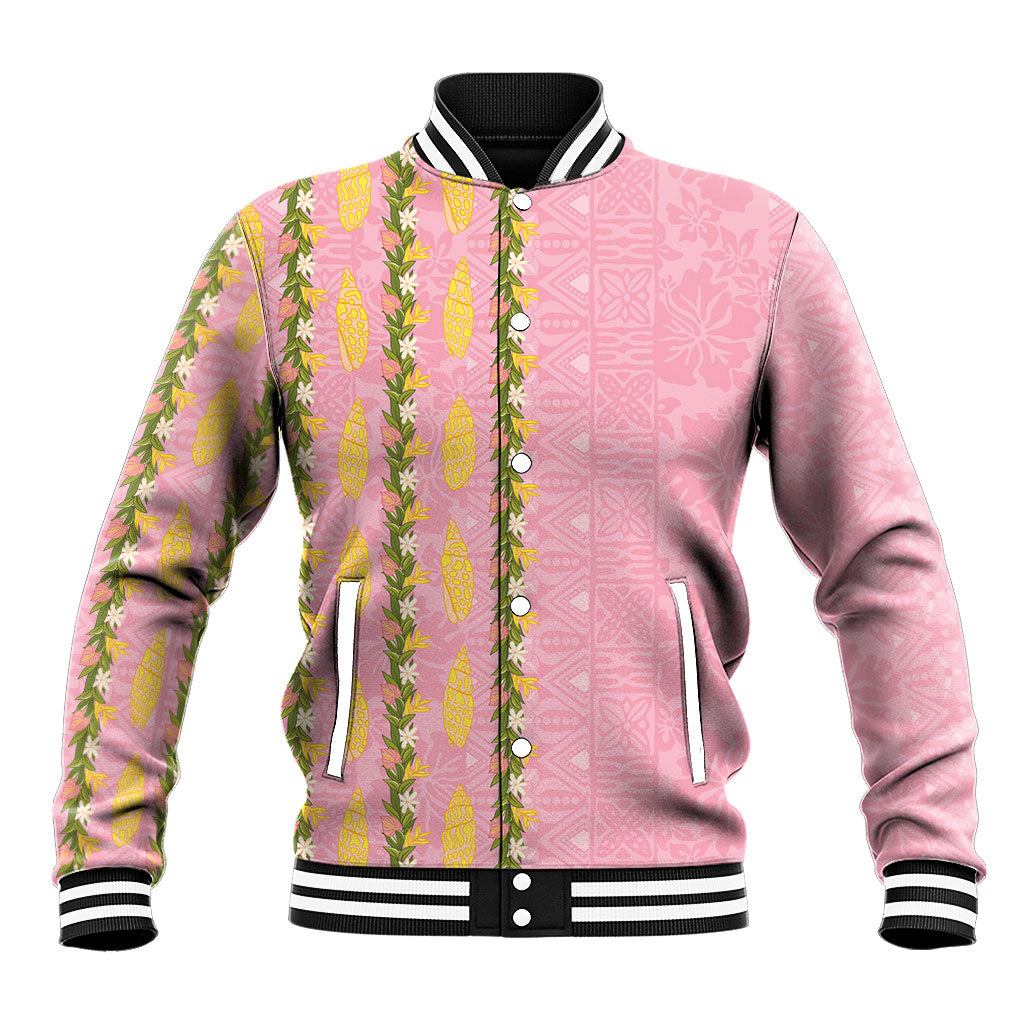 Hawaii Shell Tiare Anthurium Heliconia Lei Baseball Jacket With Tapa Pattern Baby Pink LT05 Unisex Pink - Polynesian Pride