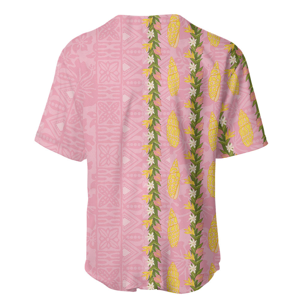 Hawaii Shell Tiare Anthurium Heliconia Lei Baseball Jersey With Tapa Pattern Baby Pink